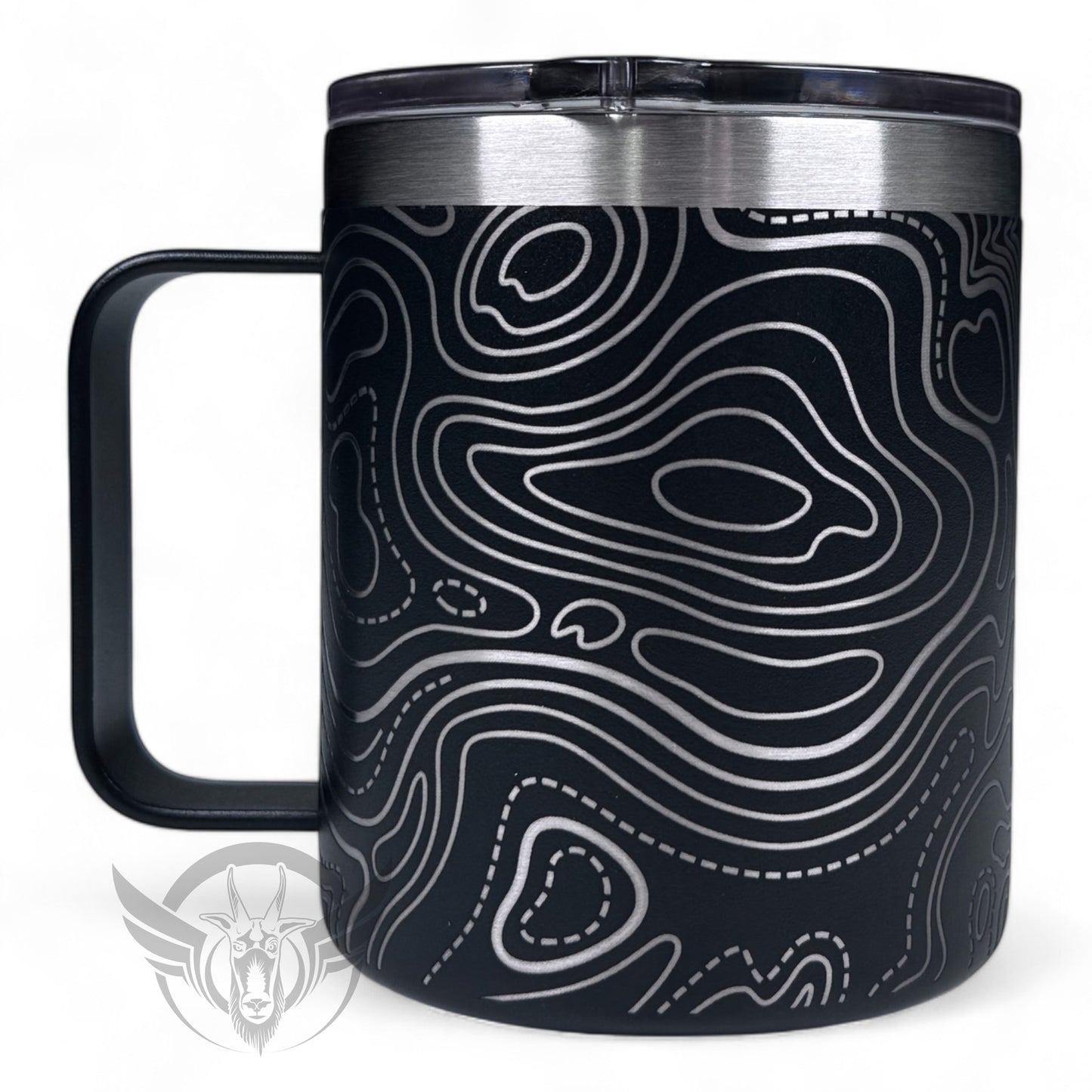 A front view of a black travel mug with a handle features a wrap-around line topography design.