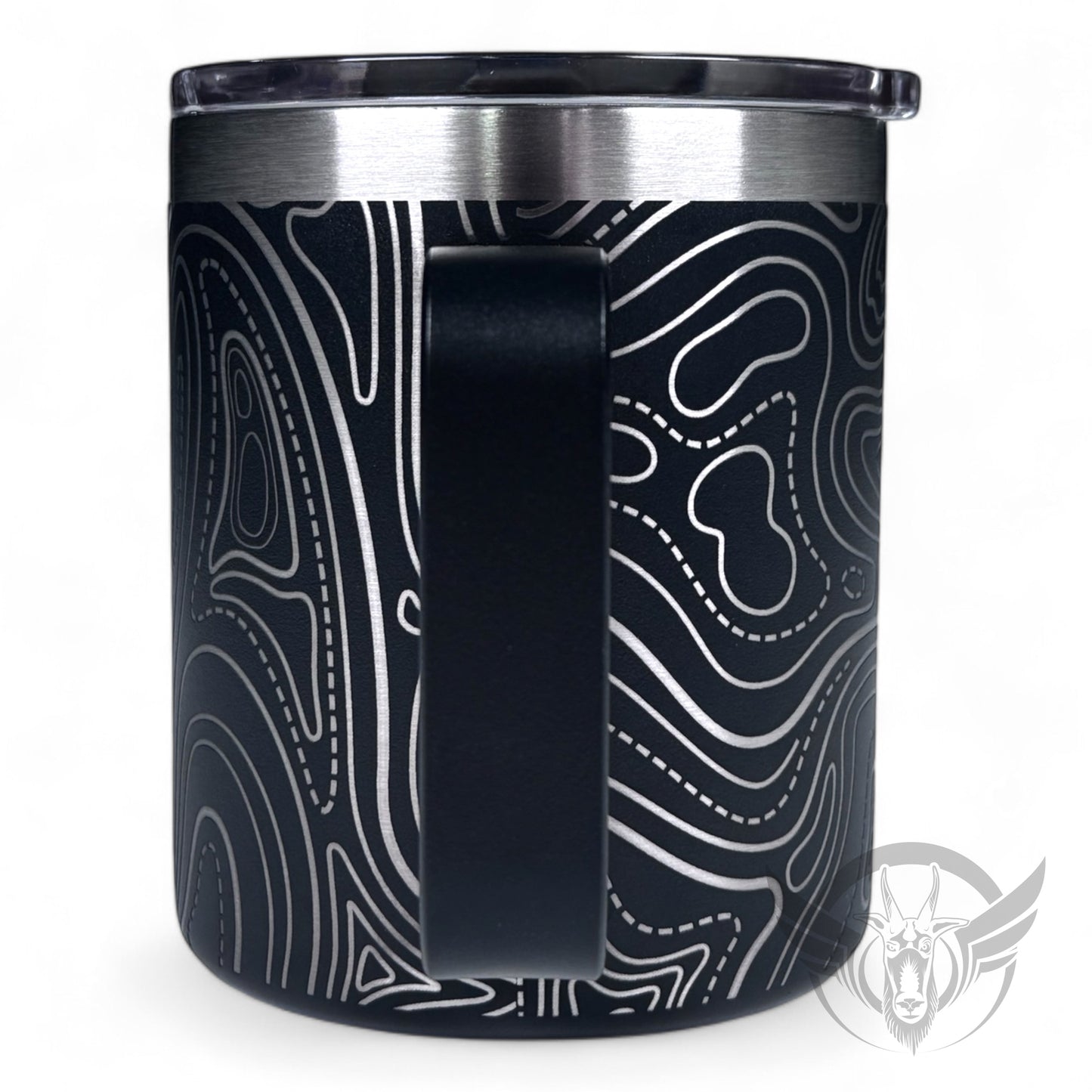 A side view of a black travel mug with a handle features a wrap-around line topography design. The handle is in the center.