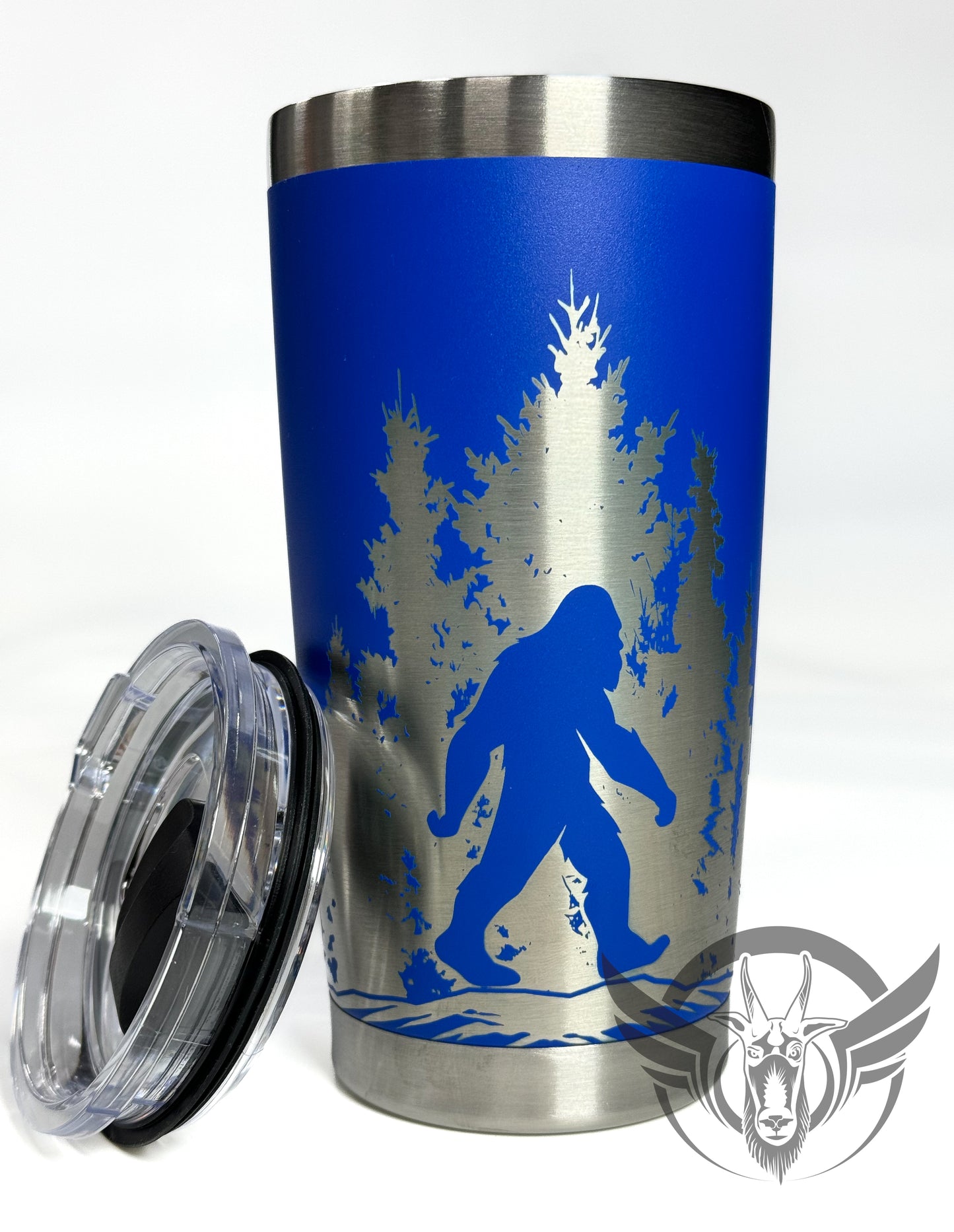 20oz Sasquatch in the trees graphic engraved tumbler.