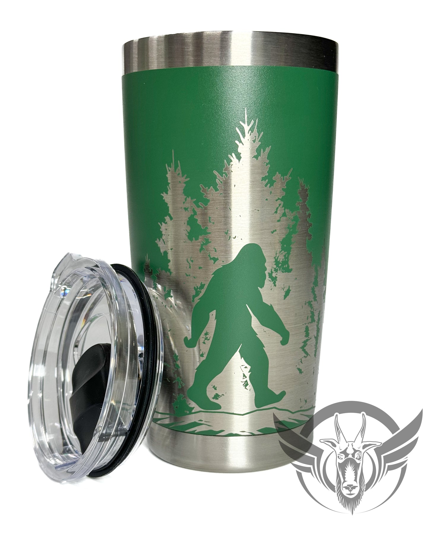 20oz Sasquatch in the trees graphic engraved tumbler.