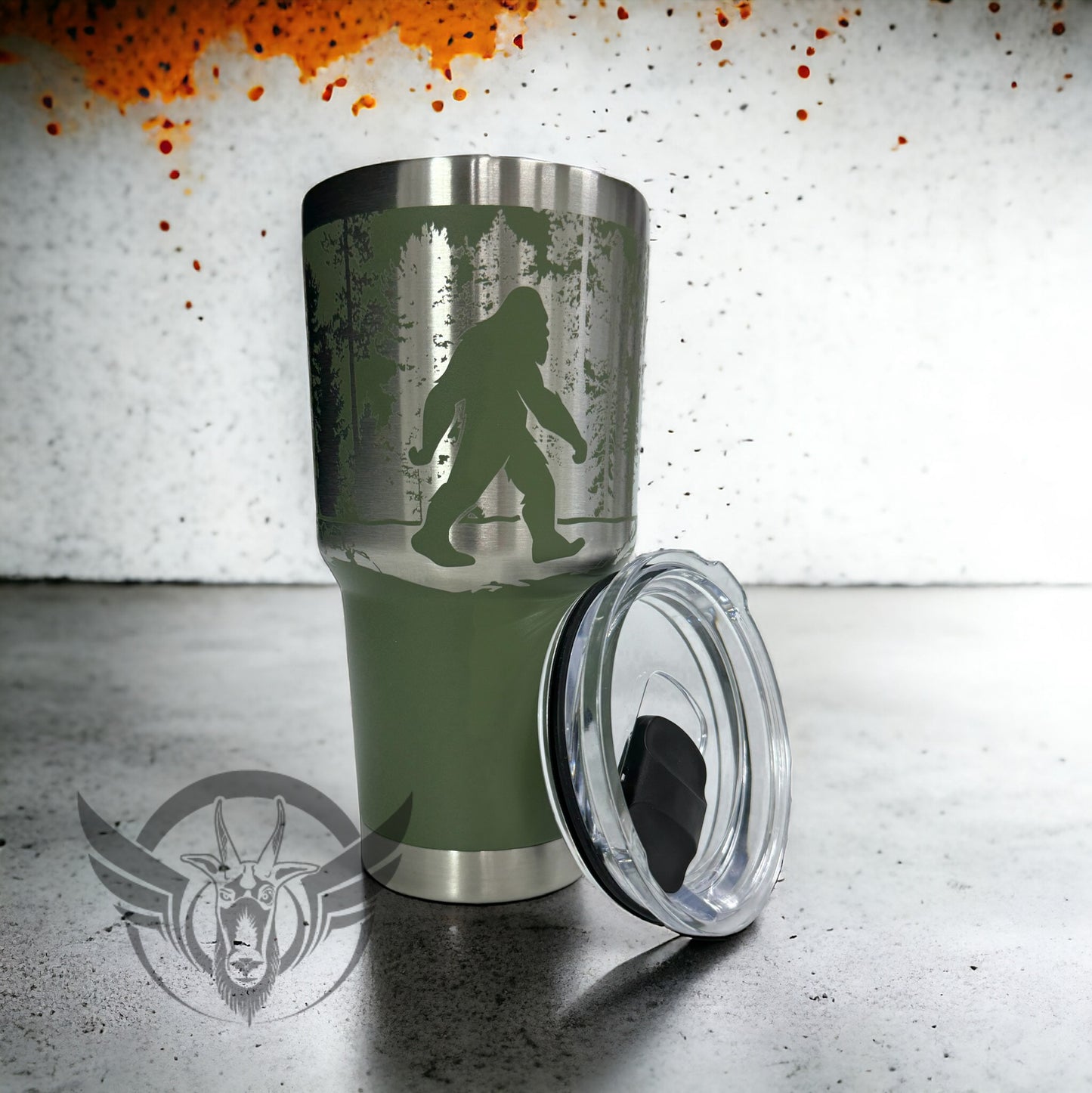 30oz Tumbler with Sasquatch walking in the trees graphics