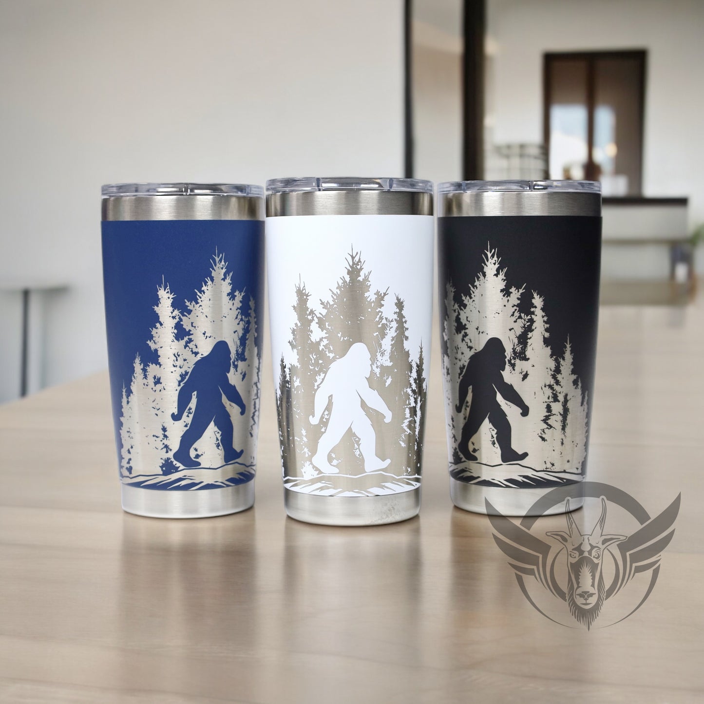 20oz Sasquatch in the trees graphic engraved tumbler.