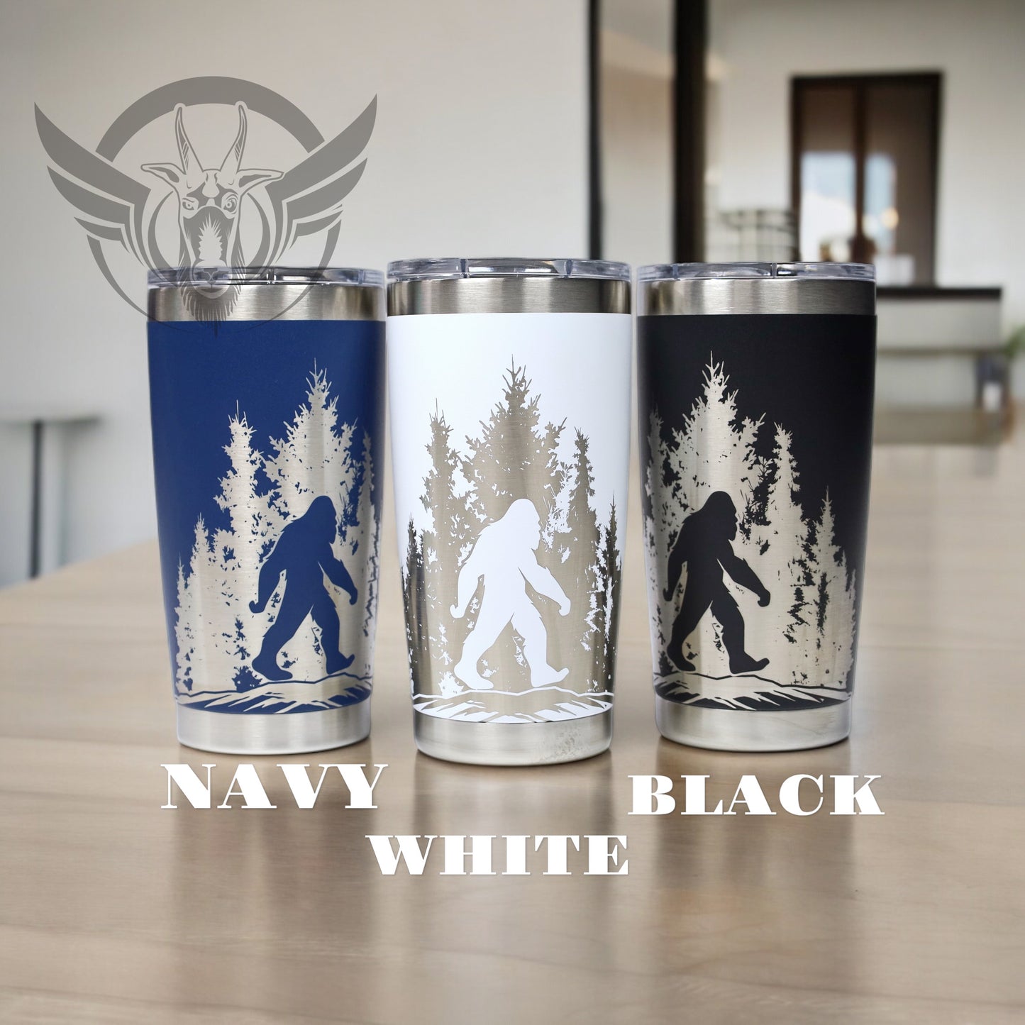 20oz Sasquatch in the trees graphic engraved tumbler.