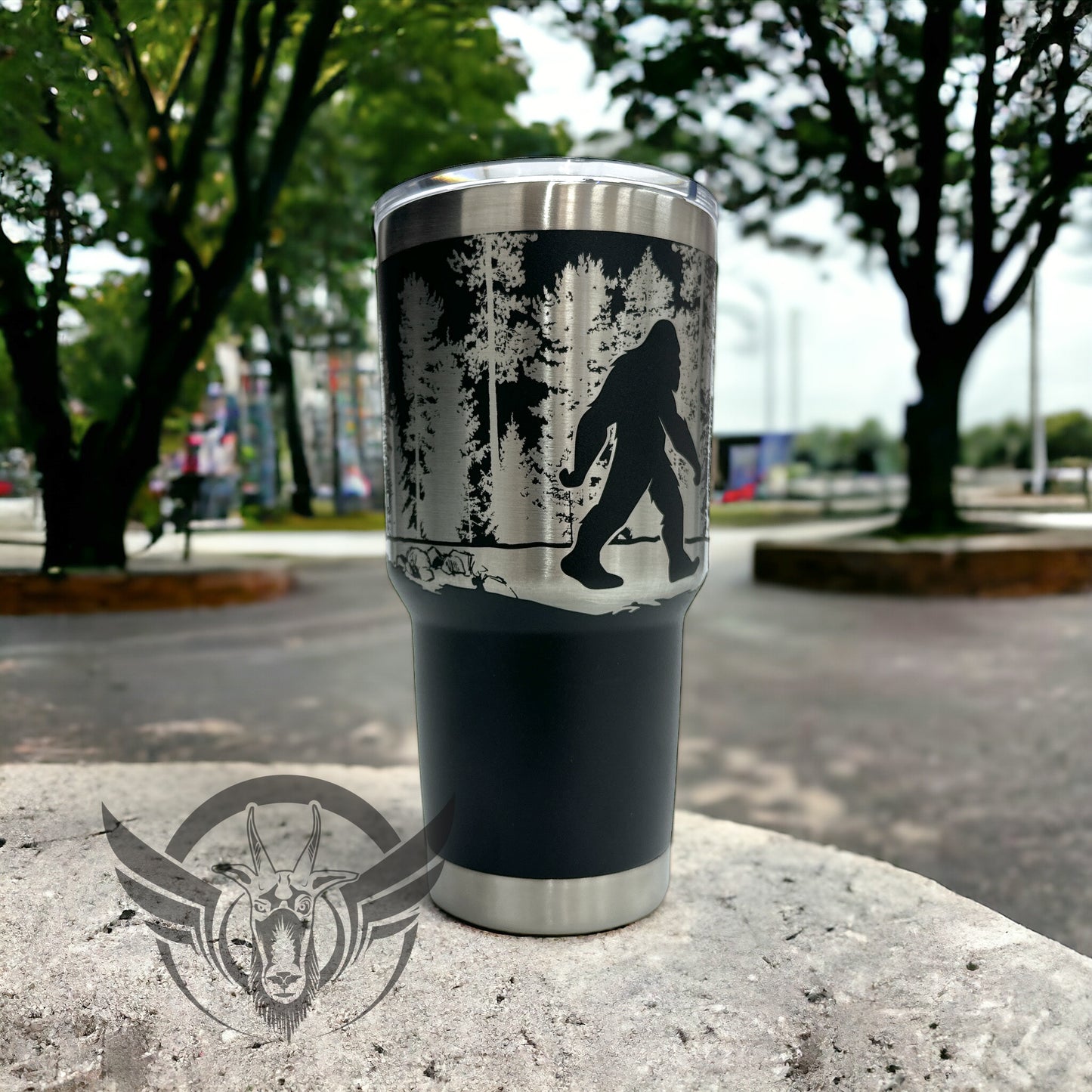 30oz Tumbler with Sasquatch walking in the trees graphics