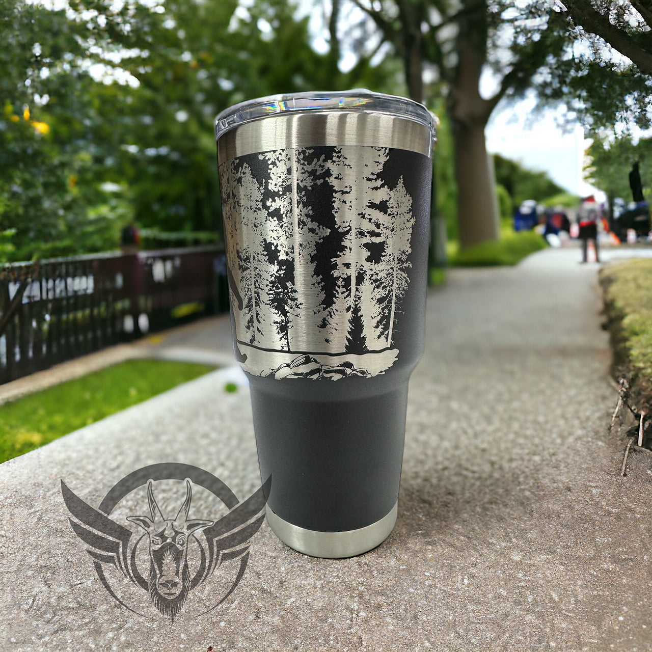 30oz Tumbler with Sasquatch walking in the trees graphics