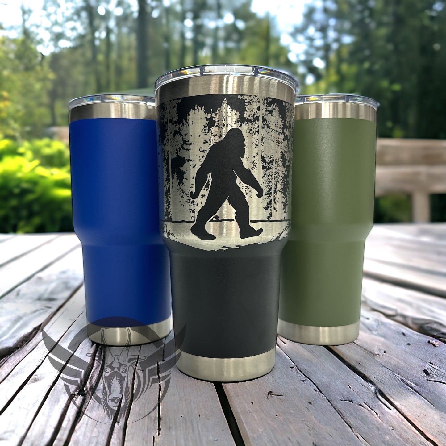 30oz Tumbler with Sasquatch walking in the trees graphics